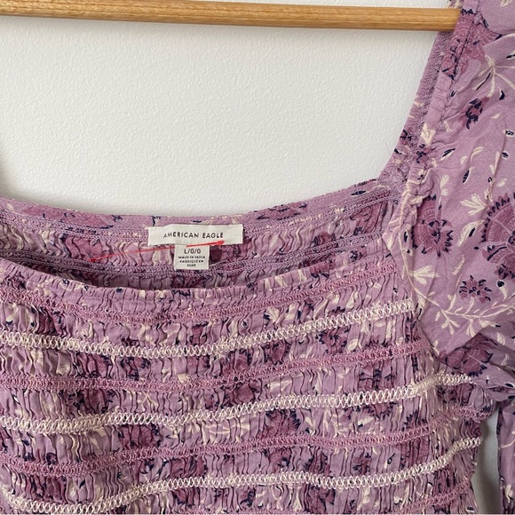 American Eagle Purple Boho Floral Peplum Smocked Blouse Women's Junior Large - Picture 4 of 4